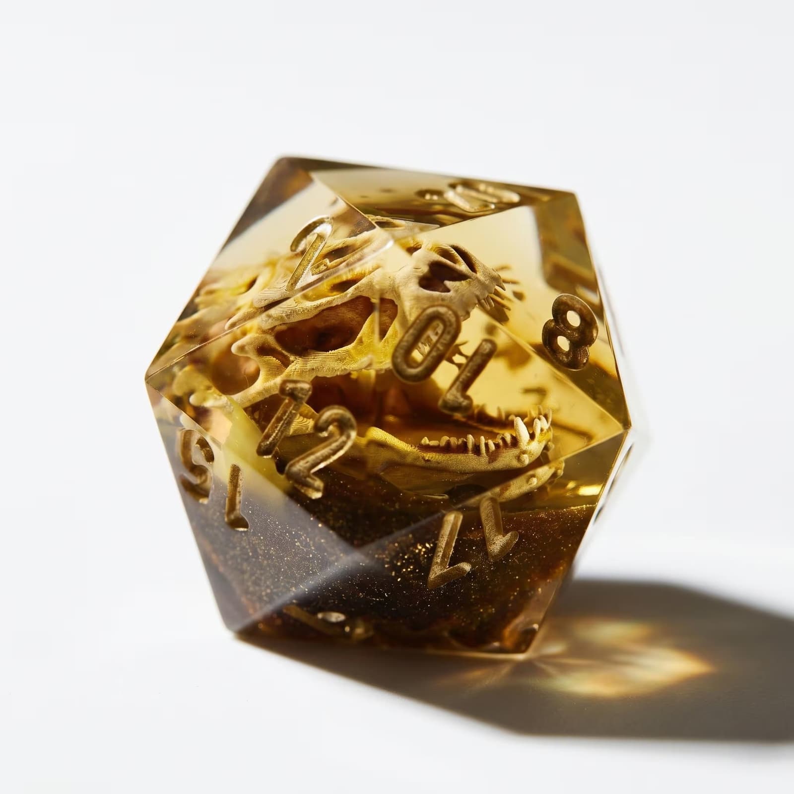 QuestBoundStudio handcrafted RPG dice, Amber Fossil Dragon set