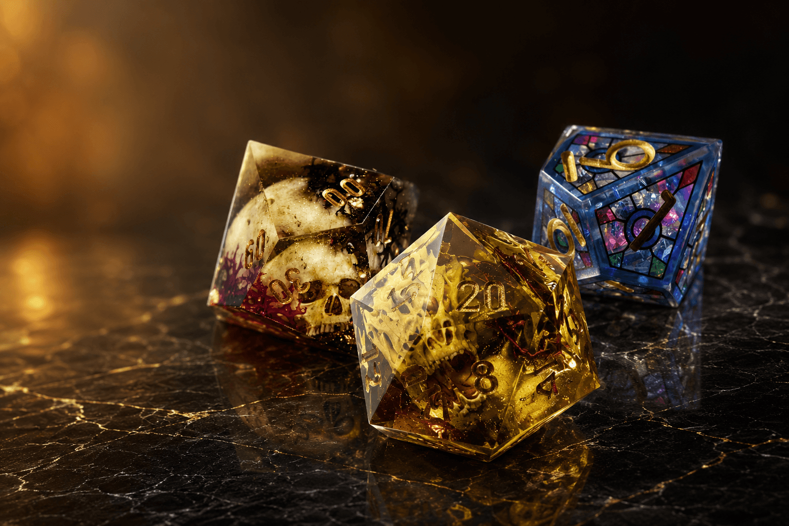 Handcrafted RPG dice sets by QuestBoundStudio, skull resin and stained glass polyhedral dice