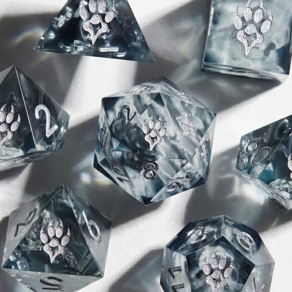 Midnight Howl dice set, smoky resin with wolf inclusion