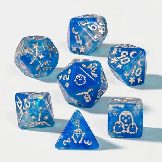 Penguin Family dice set, soft blue resin with penguin designs