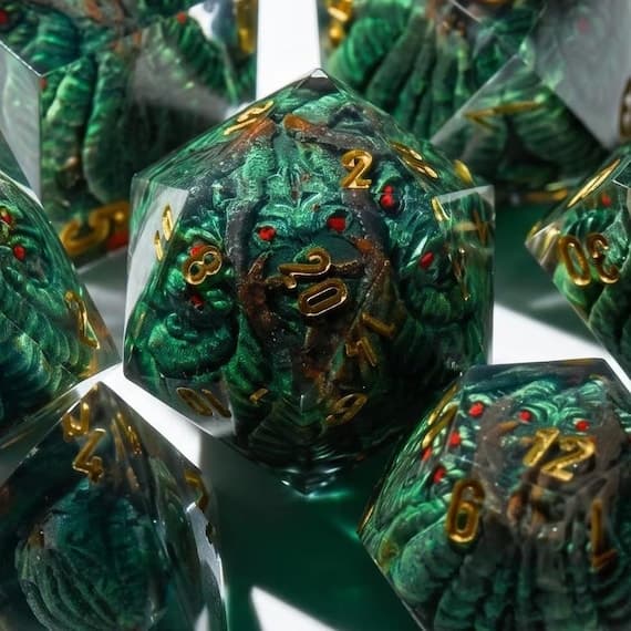Abyssal Horror dice set, tentacled creature in emerald resin