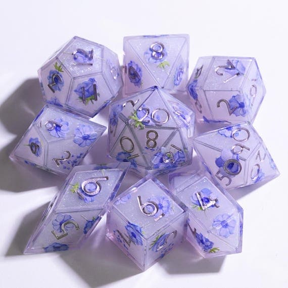 Enchanted Bloom dice set, lilac resin with pressed blue flowers