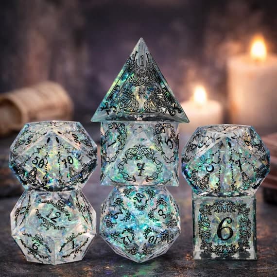 Crystal Symphony dice set, iridescent resin with black arcane runes