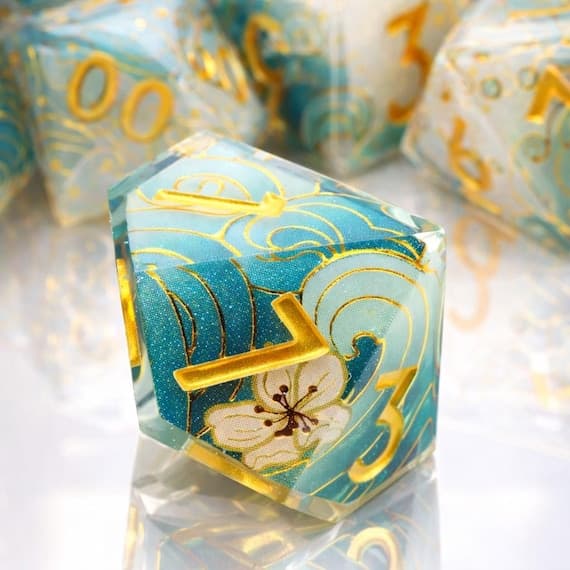 Blossom Wave dice set, soft teal and ivory resin with floral patterns