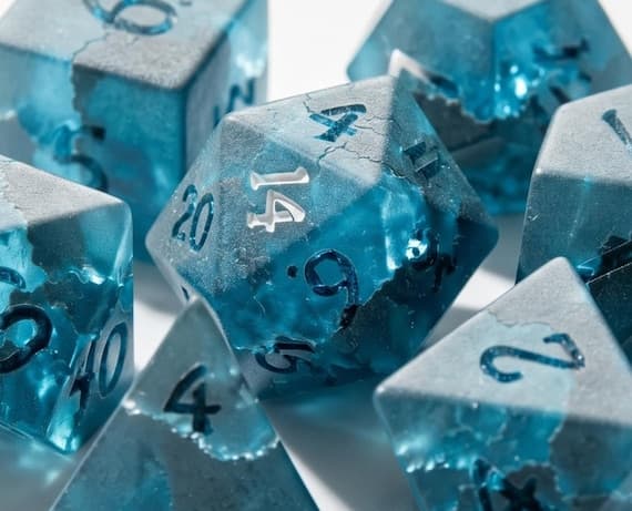 Glacier Veil glass dice set, frosted ice-blue with cracked ice effect