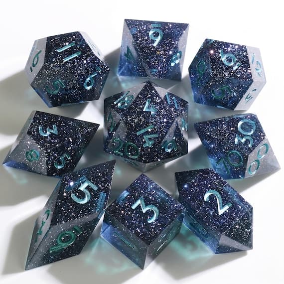 Midnight Stardust dice set, deep blue resin with silver glitter