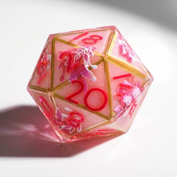 Pink Sakura 9-piece dice set, pink resin with sakura blossom details