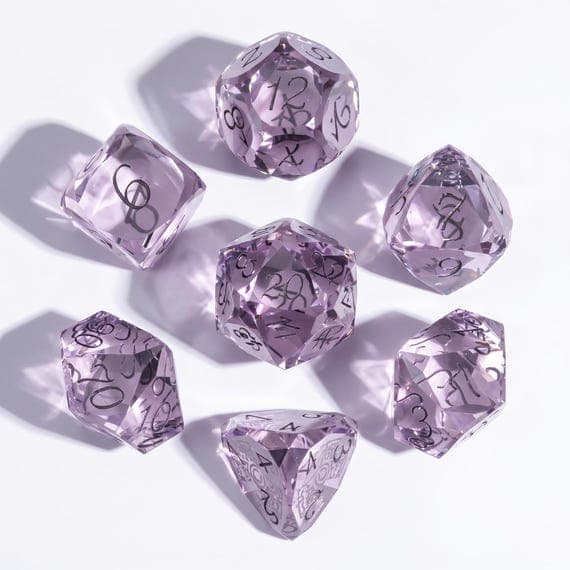 Amethyst Sovereign glass dice set, lilac translucent with black numbers