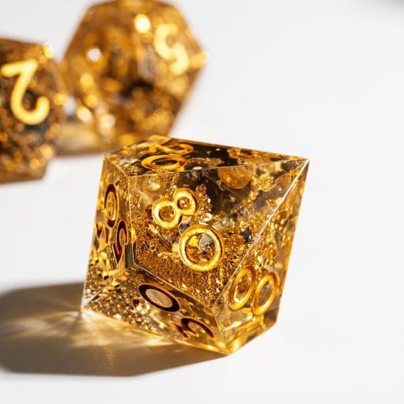 Golden Rush dice set, transparent resin with gold leaf flakes