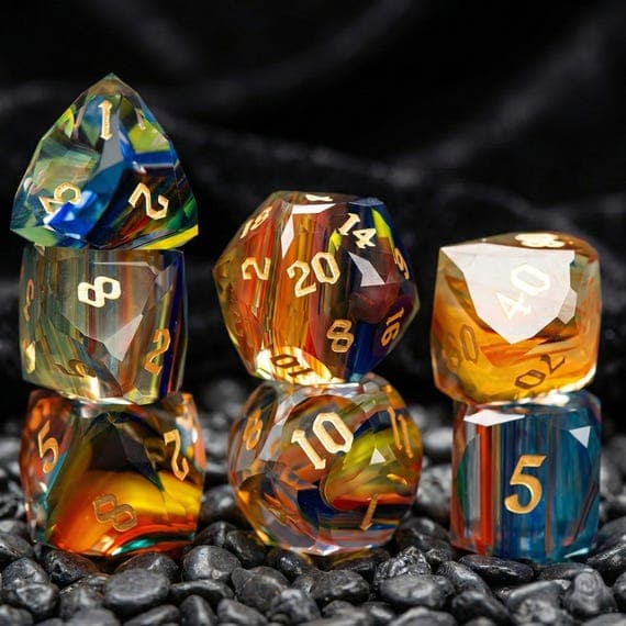 Spectral Aurora glass dice set, teal and amber aurora swirls
