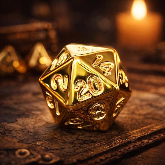 Golden Requiem dice set, polished gold metallic finish
