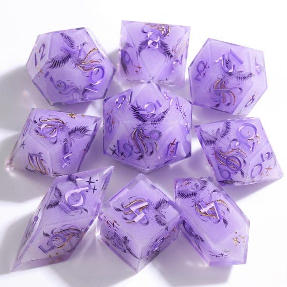 Eternal Phoenix dice set, lilac resin with phoenix inclusions