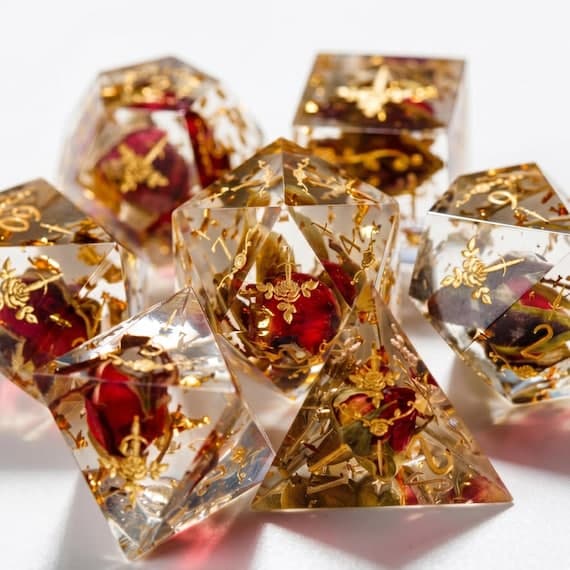 Gilded Rose dice set, real dried roses in crystal resin