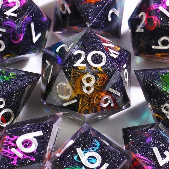 Rainbow Nebula dice set, deep space resin with rainbow cosmic swirls