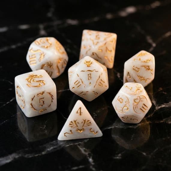 White and Gold dice set, soft white resin with gold ink