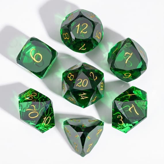 Emerald Sovereign glass dice set, rich emerald green with gold numbers
