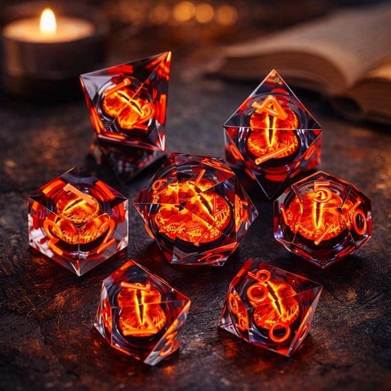 One Ring lava resin dice set, molten orange and black