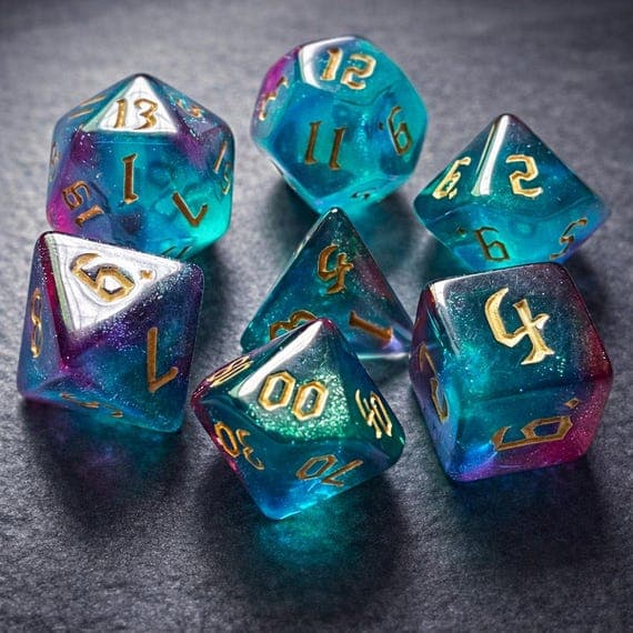 Mystic Tide dice set, teal resin with purple swirls and gold numbers