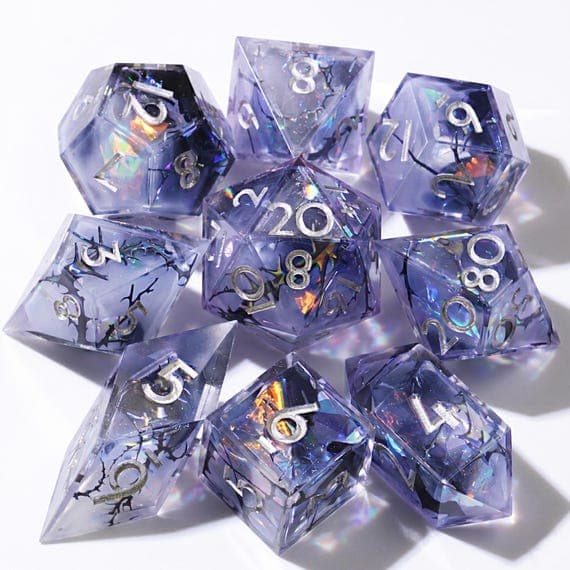 Nebula Fracture dice set, purple resin with black crackle
