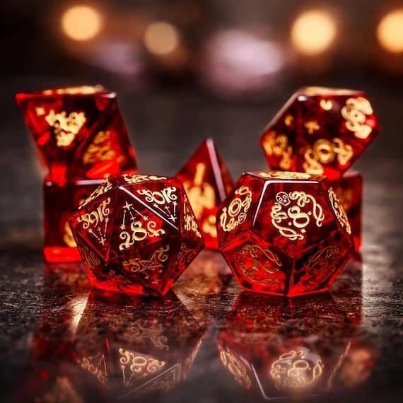 Blood Oath glass dice set, deep red with gold arcane runes
