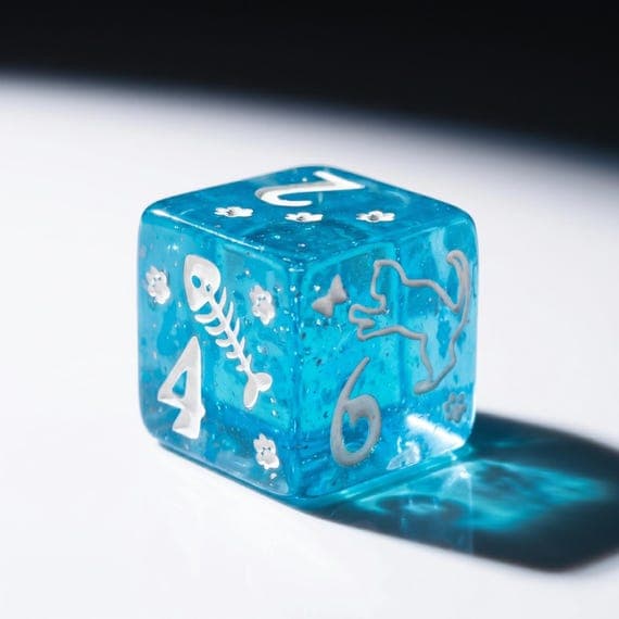 Cute Cat dice set, blue resin with white cat icons