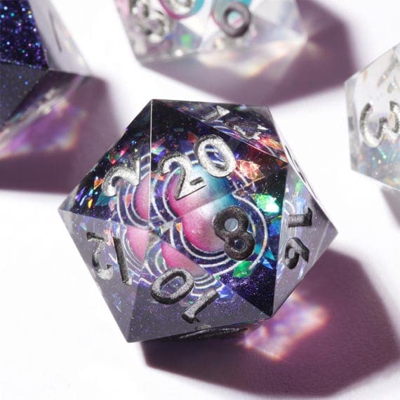 Celestial Orbit dice set, deep space resin with iridescent flakes