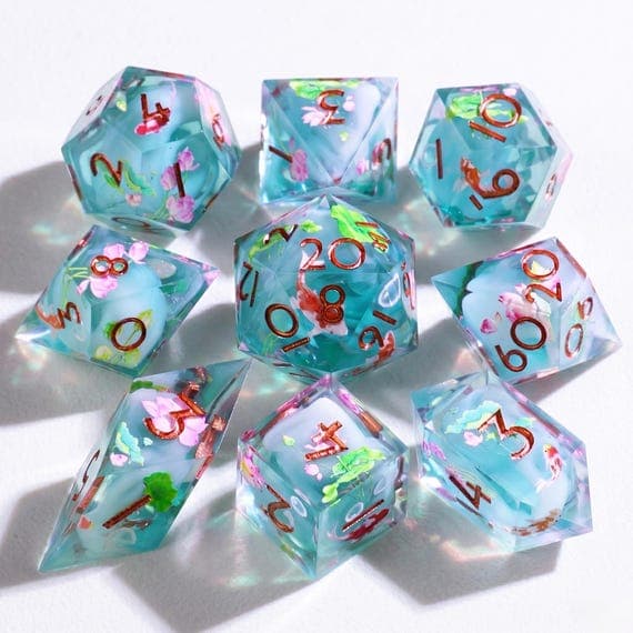 Koi Lotus Pond dice set, teal resin with koi fish and lotus flowers