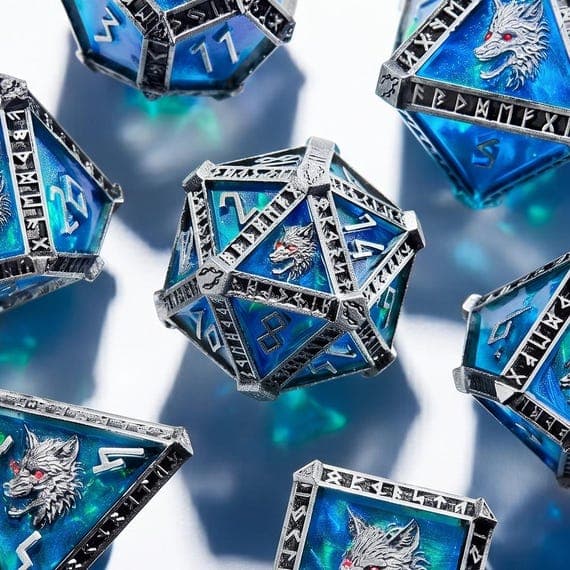 Blue Wolf Rune dice set, ocean blue resin with wolf emblems