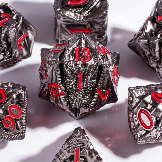 Dark Dragon dice set, dark metallic with sculpted dragon design