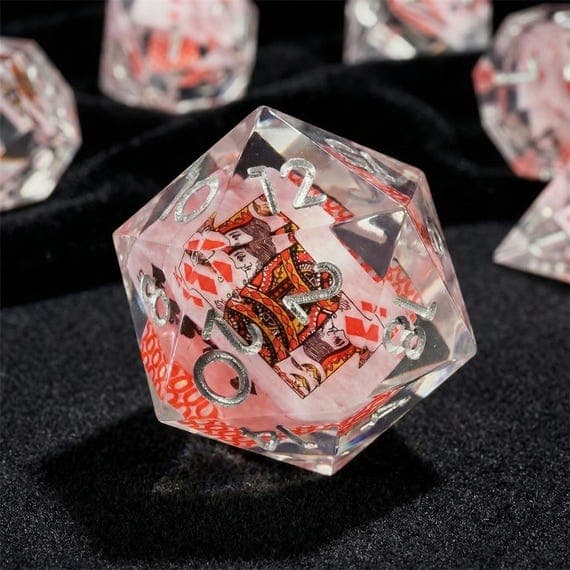High Stakes dice set, crystal resin with miniature playing cards