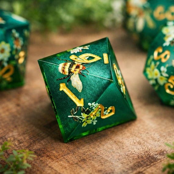Honey Bloom dice set, emerald green resin with bees and flowers
