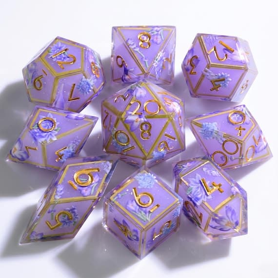 Gilded Lilac Bloom dice set, lilac resin with pressed flowers
