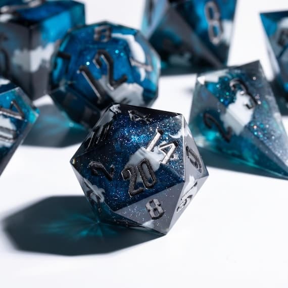 Cloudy Night dice set, stormy teal resin with white cloud swirls