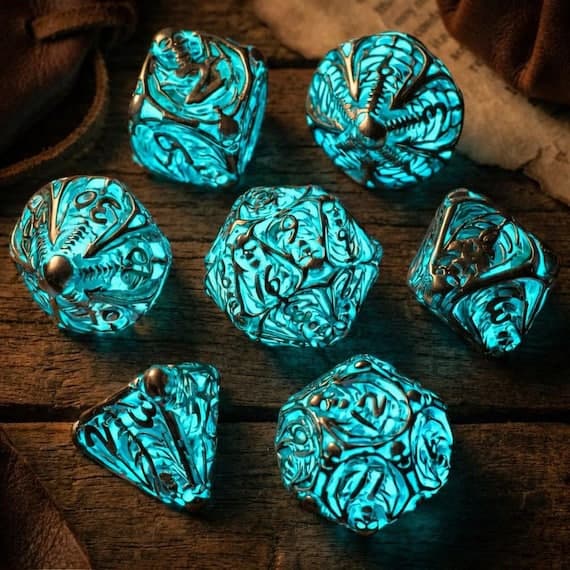 Glow in the Dark hollow metal dice set with skeleton cutout design