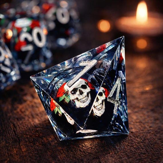 Gothic Skull dice set, crystal resin with skull inclusions