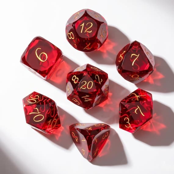 Crimson Sovereign glass dice set, ruby red with gold numbers