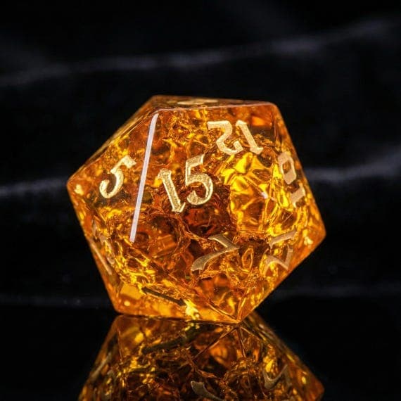 Golden Ember glass dice set, amber with internal fractures