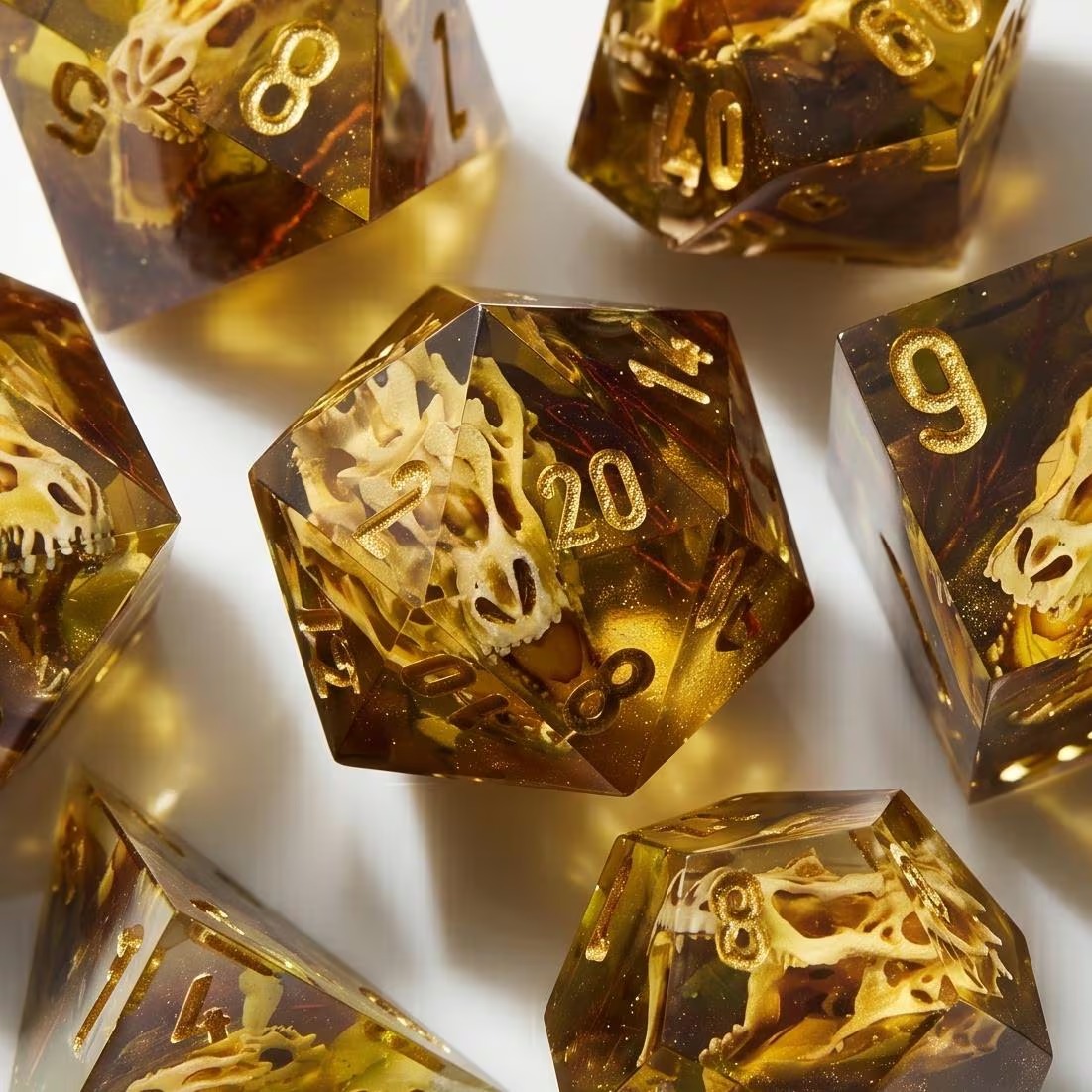 Amber Fossil Dragon dice set, dragon skull in amber resin