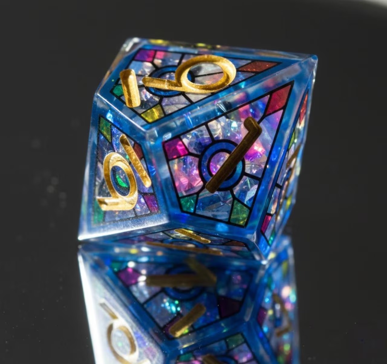 Stained Arcane dice set, colorful stained glass mosaic in crystal resin